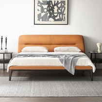 Italian leather bed double bed modern simple minimalist master bedroom Nordic solid wood bed small apartment light luxury Net Red