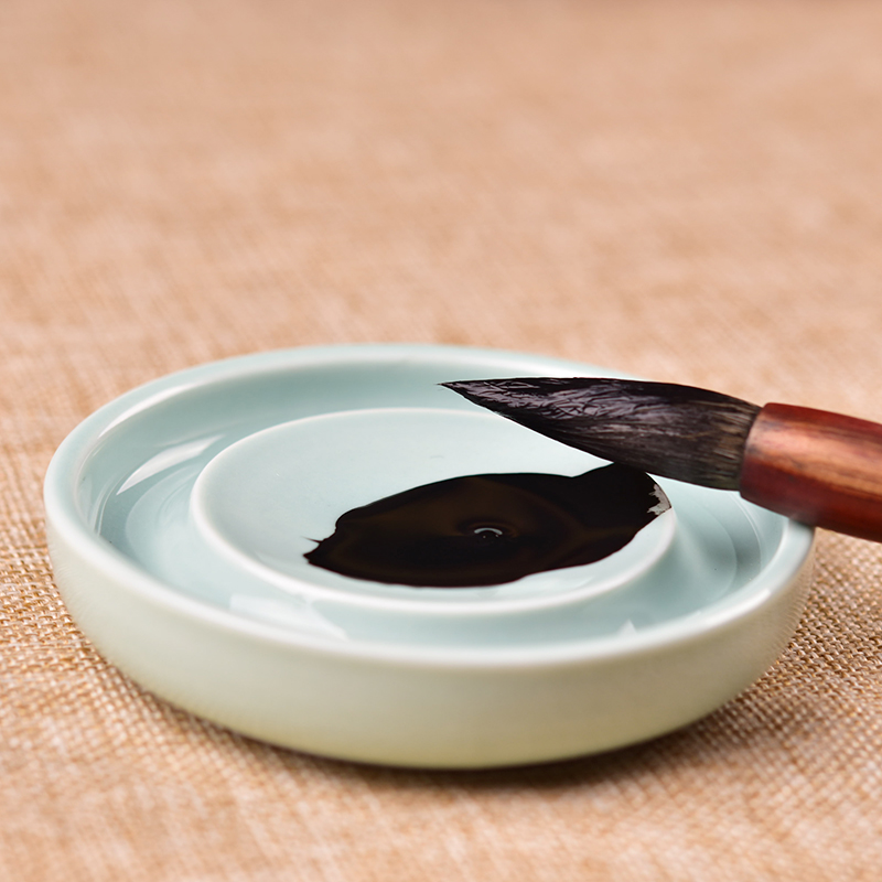 Celadon ink dish ceramic large trumpet study four treasures Chinese painting small script calligraphy ink ink green glaze water dish pen lick