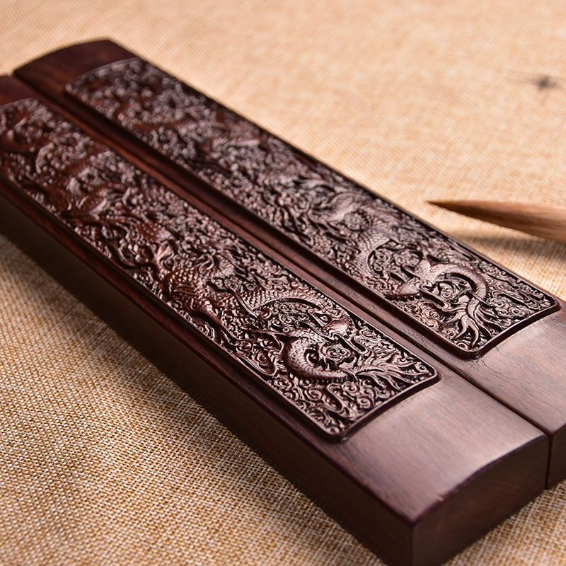 Large Shuanglong Playing Pearl Dragon Embossed Ebony Solid Wood Paperweight Black Catalpa Wood Study Four Treasures Simple Creative Town Ruler