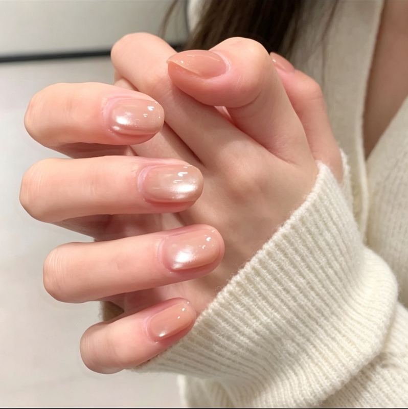 Nude Skin Tone Cat-Eye Short Style Wearable Nails, Clear Glass Bead Nail Art Finished Nail Stickers, Simple and Versatile, Long-Lasting