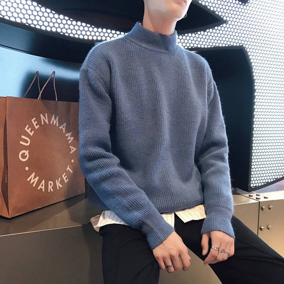 Soft and waxy semi-turtleneck sweater for men, winter students' velvet thickened couple's Korean style warm base sweater sweater