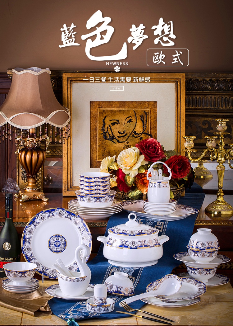 Jingdezhen ceramic tableware suit 60 heads of household of Chinese style dishes suit ceramics group contracted dishes chopsticks