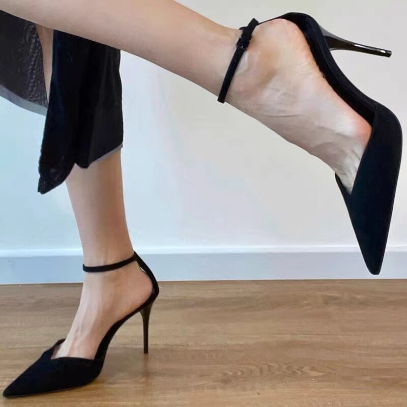 Fashionable Closed-Toe Sandals for Women, New Summer Style, Thin Heel, Single Strap, V-Cut, Pointed Toe, Buckle Strap, Small Size 33, High Heels for Women