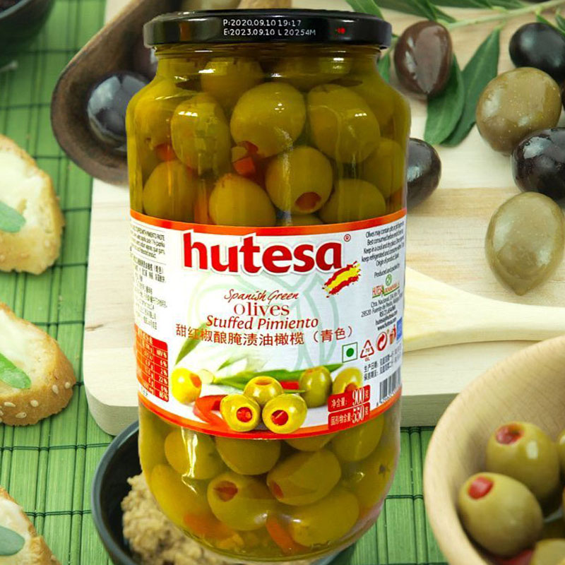 HUTESA OLIVES STUFFED PIMIENTO Spain pickled olive canned imported fruit breakfast salad