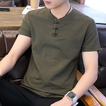 Rich bird Chinese style mens short-sleeved t-shirt tide brand cotton and linen trend slim Korean casual v-neck linen half sleeve
