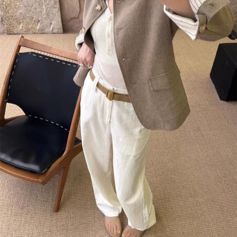 Onivintage2026 New Linen Double-Ear Casual Pants with a Sensual Minimalist Style and Belt 8764