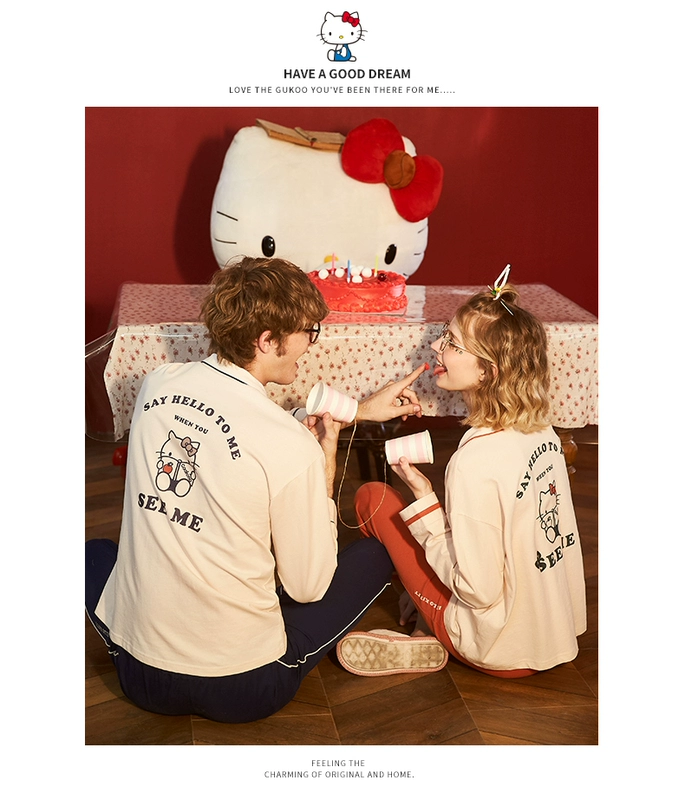 Gukoo / trấu chính hãng đồ ngủ Hello Kitty cặp đôi mùa thu ve áo nhà dịch vụ phù hợp với mùa thu cotton