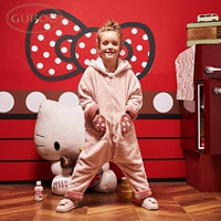 Gukoo / shell chính hãng Hello Kitty cô gái hoạt hình dễ thương đồ ngủ jumpsuit dịch vụ nhà có thể được mặc đồ liền thân cho bé