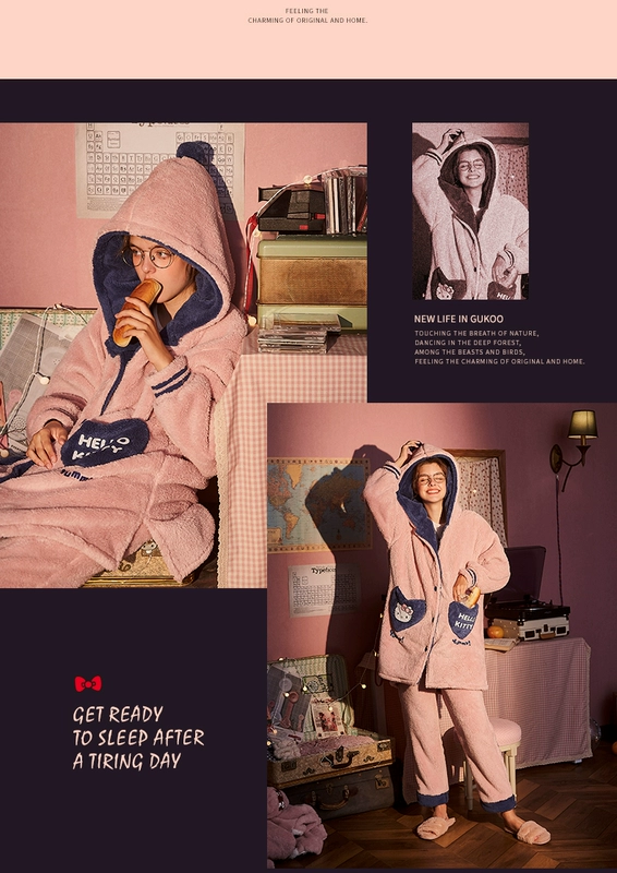 Gukoo / trấu chính hãng đồ ngủ HelloKitty nữ mùa thu đông phục vụ nhà mùa đông nhung san hô dễ thương có thể mặc