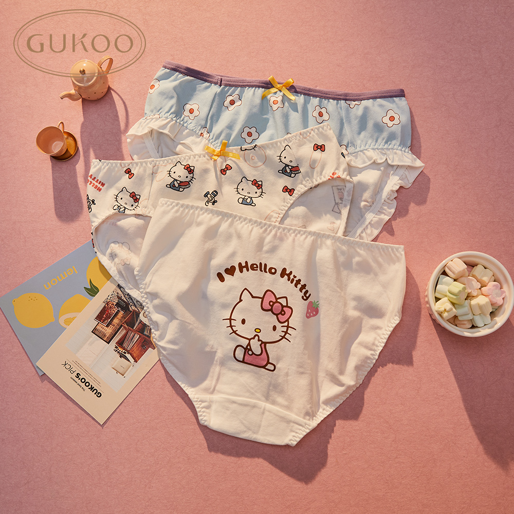 Blue KittyGukoo / Fruit shell underpants female Hello Kitty Joint fund 3 Strip packing Cotton crotch girl underpants Briefs