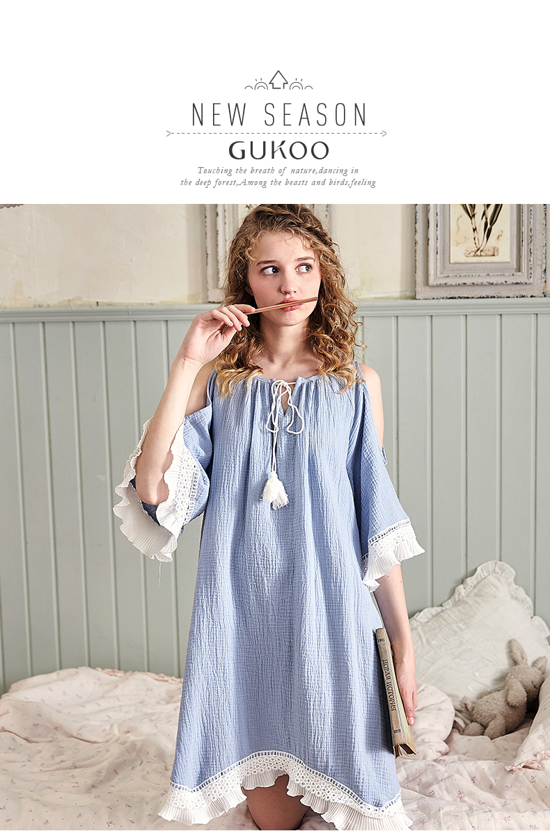 Gukoo trấu mùa xuân và mùa hè nightdress đồ ngủ nữ mùa hè bông ngọt dễ thương nightdress dịch vụ nhà có thể được đeo