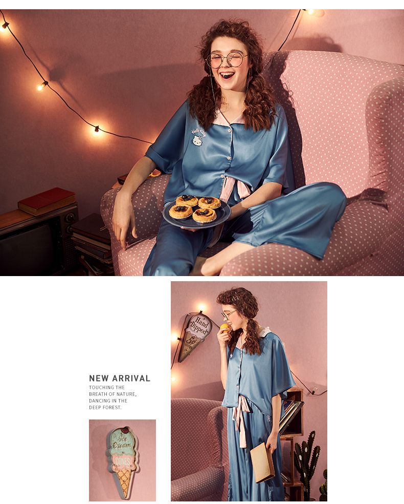 Gukoo trấu chính hãng HelloKitty đồ ngủ nữ mùa hè đơn giản phù hợp với bộ đồ ngủ ngọt ngào dịch vụ nhà mùa xuân và mùa hè