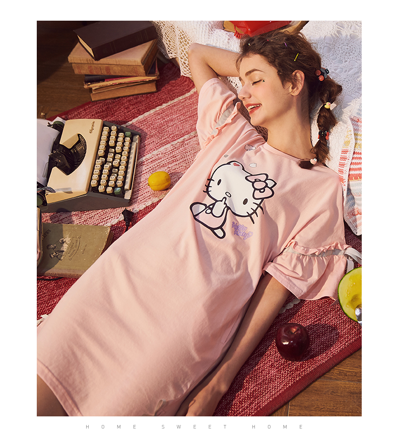 Gukoo / vỏ chính hãng Hello Kitty nightdress nữ mùa hè ngọt ngào mùa hè nữ đồ ngủ váy ngủ nữ mùa hè đầm trắng dự tiệc