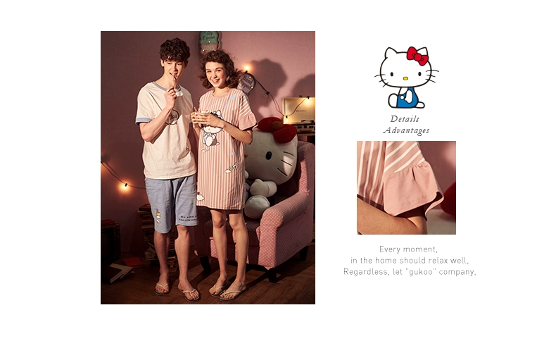 Gukoo trấu chính hãng hello kitty vài bộ đồ ngủ mùa hè bông ngắn tay dịch vụ nhà nightdress