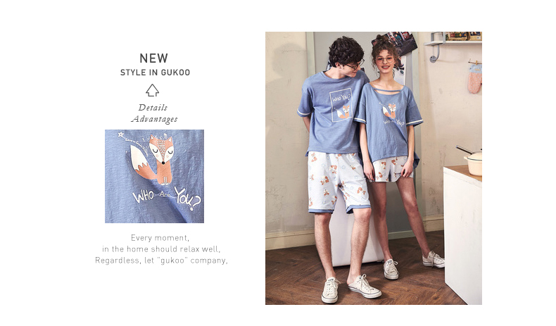 Gukoo trấu bộ đồ ngủ cotton couple đồ ngủ mùa hè phim hoạt hình phù hợp với in ấn của nam giới dịch vụ nhà của phụ nữ đồ ngủ mùa hè đồ bộ nữ mặc nhà