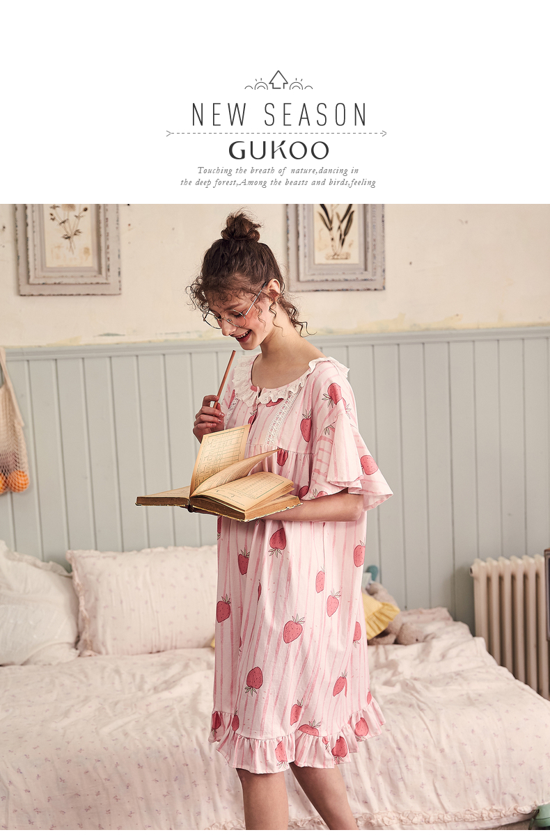 Gukoo trấu mùa xuân và mùa hè nightdress đồ ngủ nữ mùa hè bông ngọt dễ thương nightdress dịch vụ nhà có thể được đeo