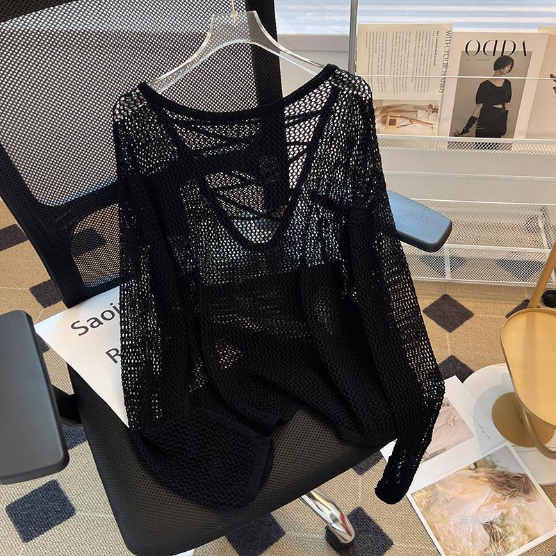 Black and White Striped Ice Silk Knit Top for Women, Autumn Mesh Long-Sleeve Loose Casual Style Blouse, Sexy Hollow-Out Top