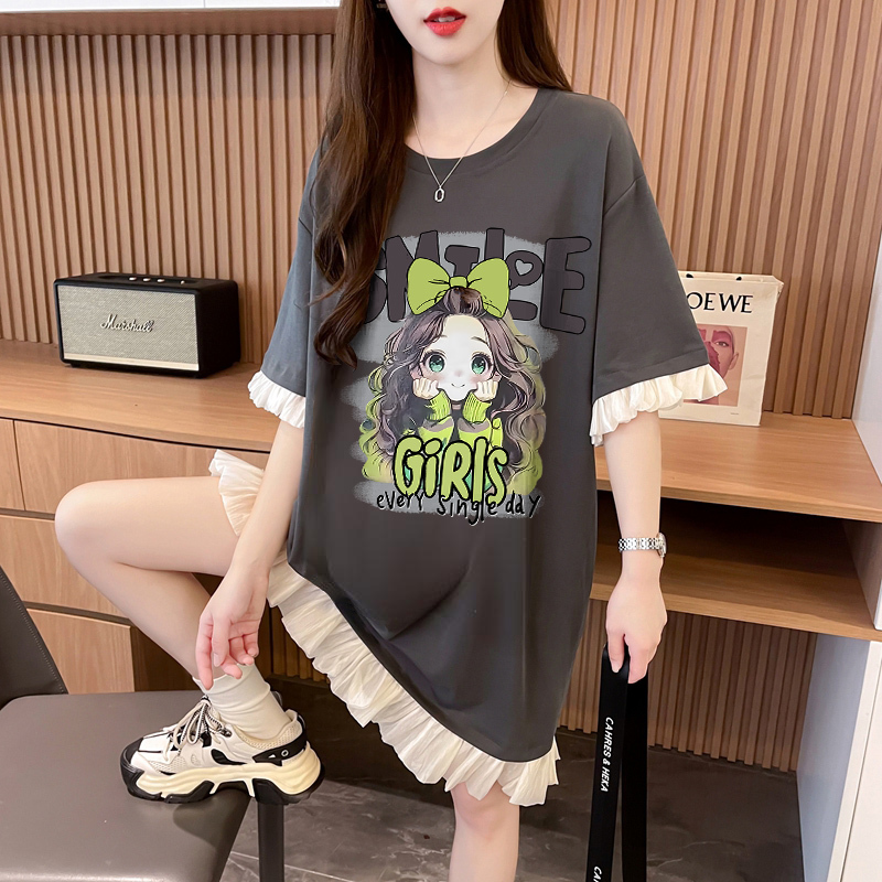 Summer Loose-Fitting Versatile Pure Cotton Dress for Women, Korean Style Fashionable Design, Faux Two-Piece Lace Splicing T-Shirt Dress ins