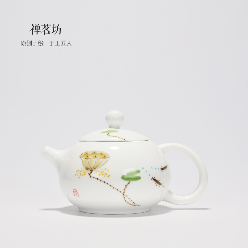 Dehua porcelain hand-painted Lotus teapot ceramic kung fu tea set Xi Shi single pot tea mat Joker