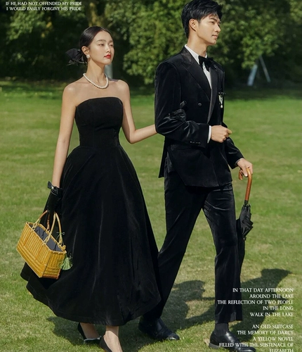 Свадебное платье, ретро длинный черный бархатный топ без лямок, французский ретро стиль, средней длины