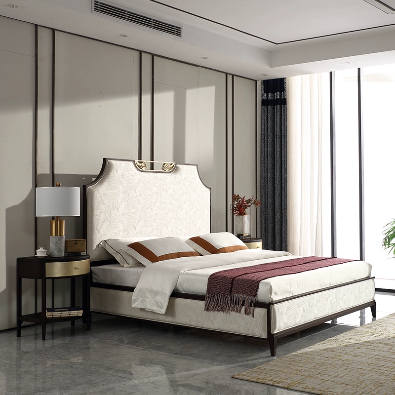 Phong cách Trung Quốc mới giường gỗ rắn phòng ngủ chính ánh sáng vải sang trọng giường đôi 1,5 mét 1,8 mét giường lớn giường cưới nội thất biệt thự phòng ngủ - Giường