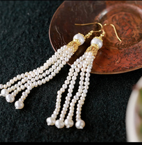 (Natural Pearl) Earrings Long-style Temperament Flummy Retro Retro National Wind 100 Hitch Ornament Pure Silver Ear Hook