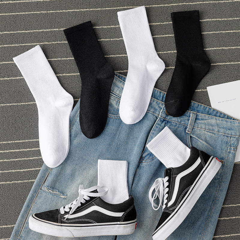Black and White Mid-Calf Socks for Men and Women, Odor-Resistant, Sweat-Absorbent, Street Style, Pure Cotton, Sports, Trendy Brand, Summer ins Trendy Black and White Men's Long Socks