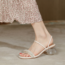 Net red cool drag women outside wear 2021 New one word with Pearl slippers women fashion two wear coarse fairy sandals summer