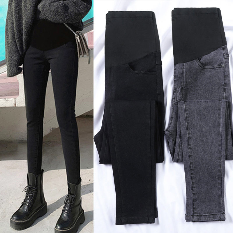 Pregnant women's pants spring and autumn wear fashion black gray jeans plus velvet trousers to be thin summer dress underwear spring