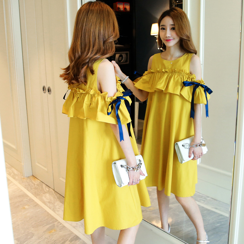 maternity summer dress 2021 new fashion Korean style open shoulder butterfly sleeve nursing short sleeve skirt mid length