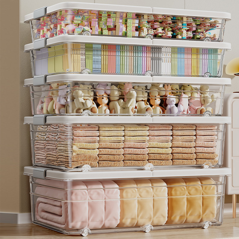 Jia Gang Hand transparent bed bottom containing box with pulley bed lower finishing clothes book toy storage box Dormitory Boxes-Taobao