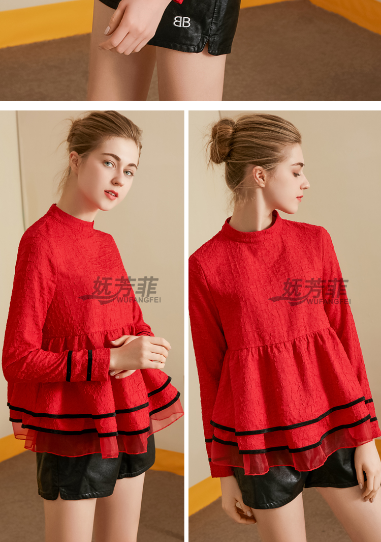 Áo sơ mi nữ 2018 mới mùa thu đầm voan nhỏ ren búp bê chạm đáy áo dài tay nửa cổ cao khí chất lỏng lẻo so mi nu
