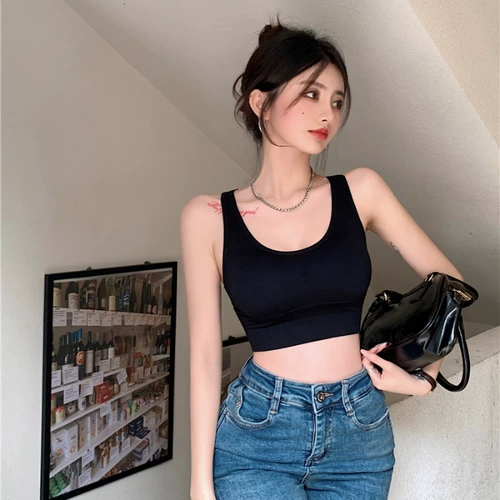 Сексуальная трикотажная летняя майка топ, короткий базовый топ с чашечками, футболка без рукавов