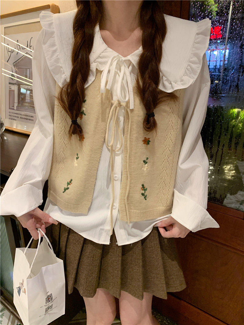 Стильные костюмы 春季穿搭套装2024女装甜美娃娃领长袖衬衫减龄刺绣针织马甲两件套 OTHER