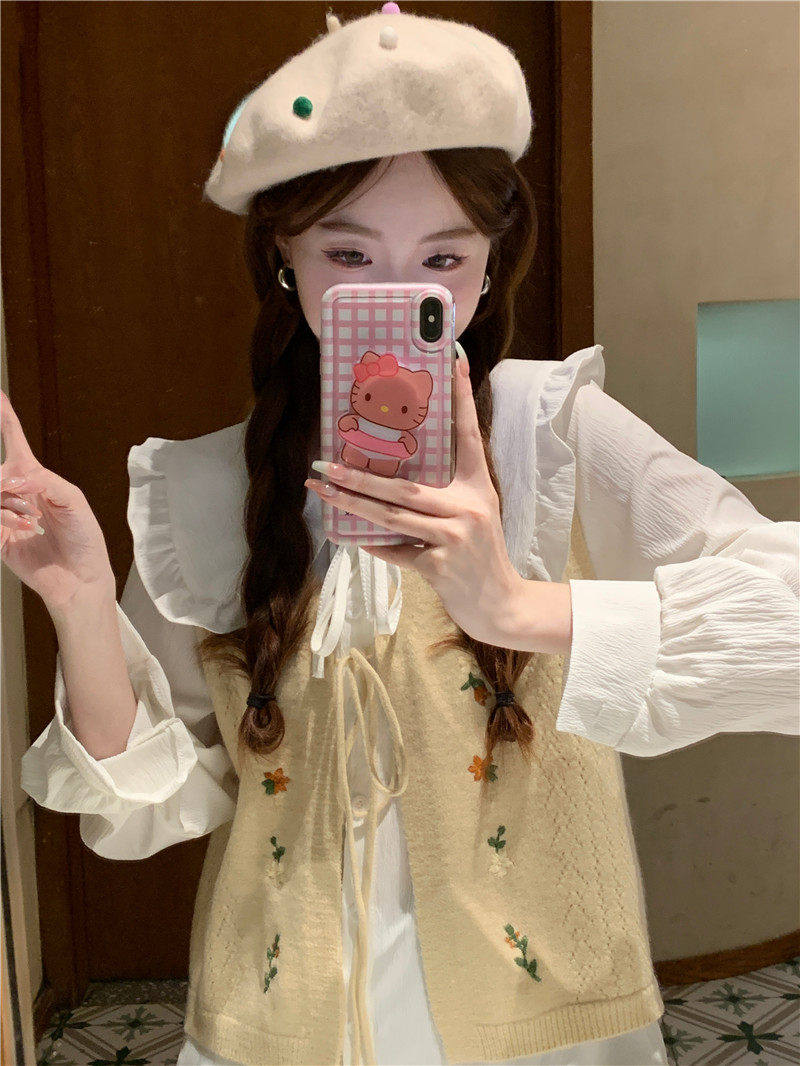 Стильные костюмы 春季穿搭套装2024女装甜美娃娃领长袖衬衫减龄刺绣针织马甲两件套 OTHER