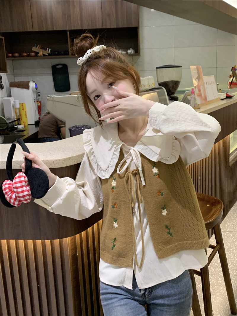 Стильные костюмы 春季穿搭套装2024女装甜美娃娃领长袖衬衫减龄刺绣针织马甲两件套 OTHER