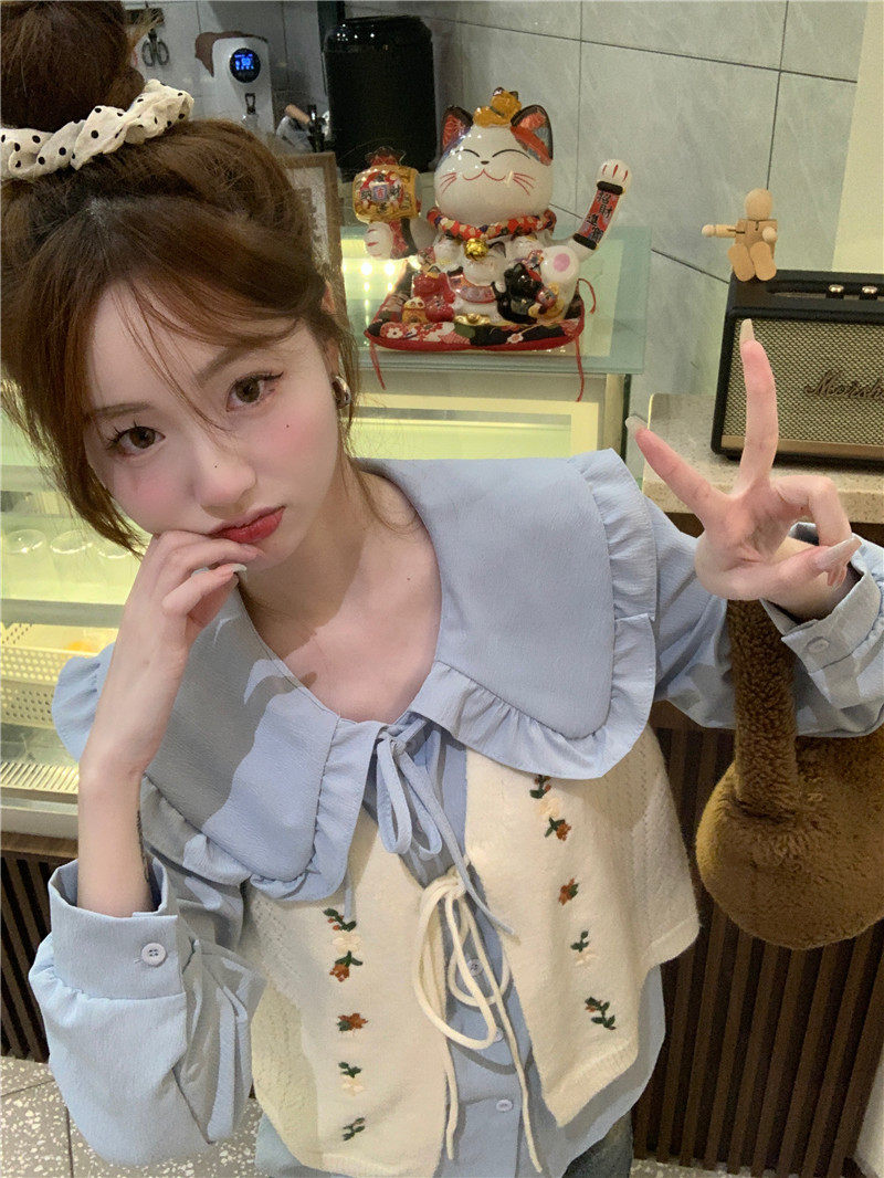 Стильные костюмы 春季穿搭套装2024女装甜美娃娃领长袖衬衫减龄刺绣针织马甲两件套 OTHER