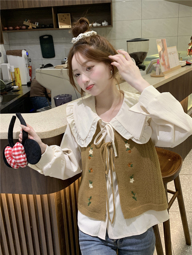 Стильные костюмы 春季穿搭套装2024女装甜美娃娃领长袖衬衫减龄刺绣针织马甲两件套 OTHER