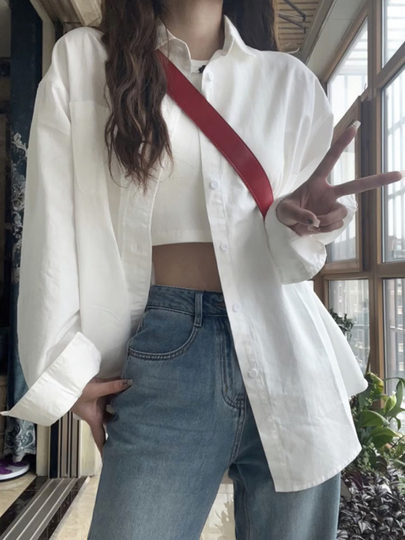 白衬衫女秋冬内搭叠穿蓝色衬衣女装宽松休闲外套新款春秋外搭上衣