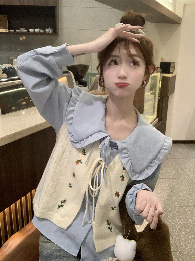 Стильные костюмы 春季穿搭套装2024女装甜美娃娃领长袖衬衫减龄刺绣针织马甲两件套 OTHER