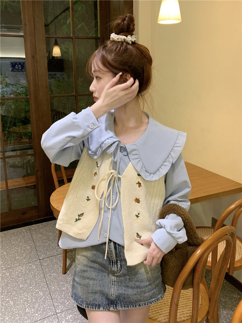 Стильные костюмы 春季穿搭套装2024女装甜美娃娃领长袖衬衫减龄刺绣针织马甲两件套 OTHER