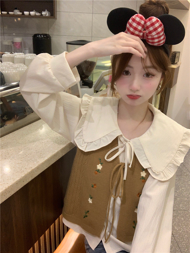 Стильные костюмы 春季穿搭套装2024女装甜美娃娃领长袖衬衫减龄刺绣针织马甲两件套 OTHER