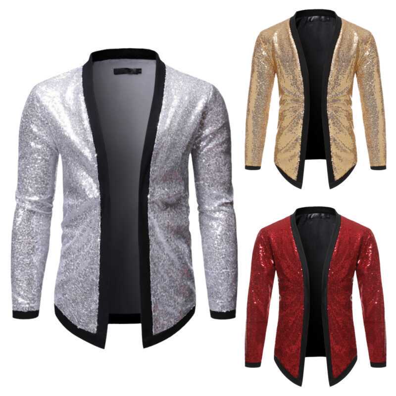 Men's Stage Performance Clothing, Gold Sequined Cardigan Jacket, Hip-Hop Singer Performance Outfit, Sequined Silver Long-Sleeved Jacket Men's Stage Performance Clothing, Gold Sequined Cardigan Jacket, Hip-Hop Singer Performance Outfit, Sequined Silver Long-Sleeved Jacket