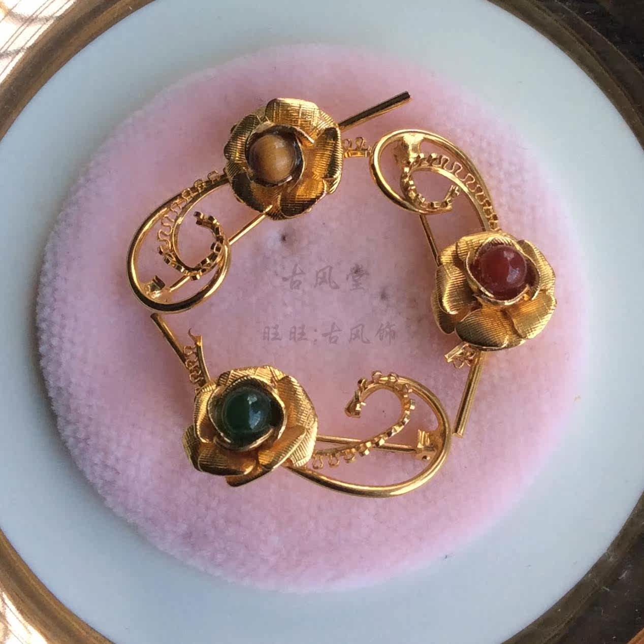 American Antique Jewelry 14K Bag Gold Solid Flowers Inlaid Jade Tiger Eye Stone Hollowed-out Brooch Brooch Pin Brooch Needle