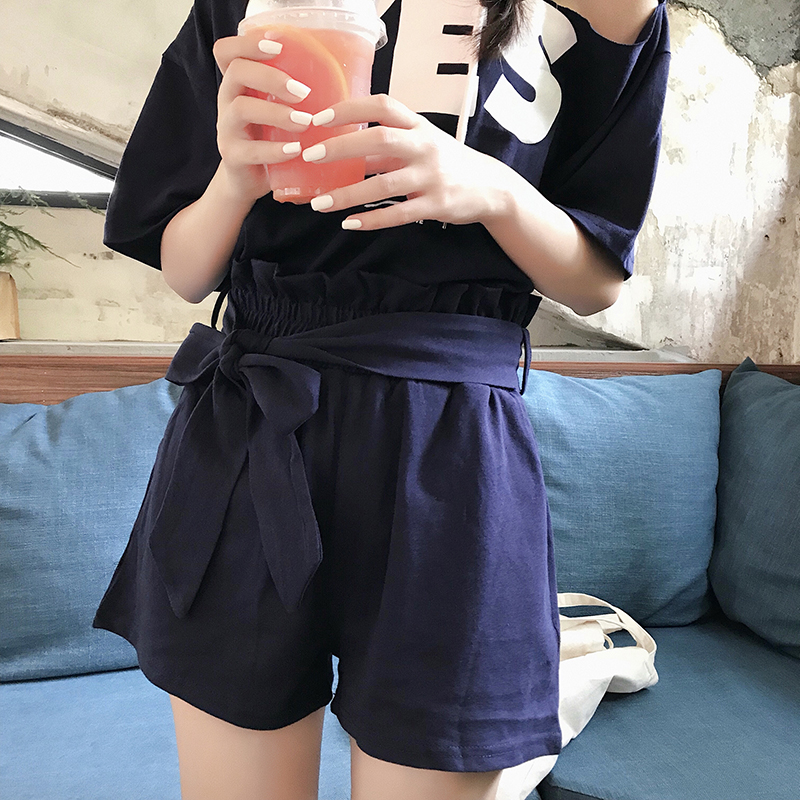 VK旗艦店 韓國學院風露肩寬鬆休閒圓領套裝短袖褲裝