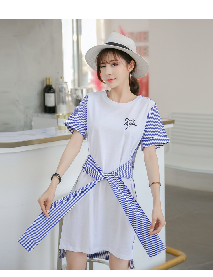 VK旗艦店 韓妞最愛條紋襯衫拼接綁帶短袖洋裝