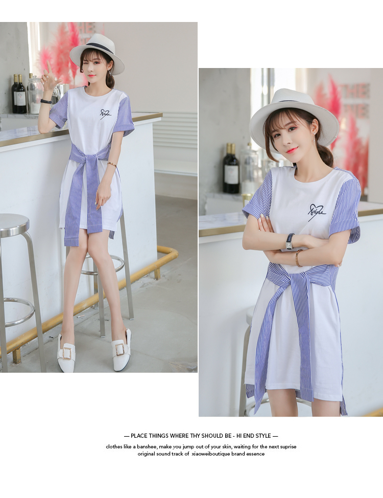 VK旗艦店 韓妞最愛條紋襯衫拼接綁帶短袖洋裝