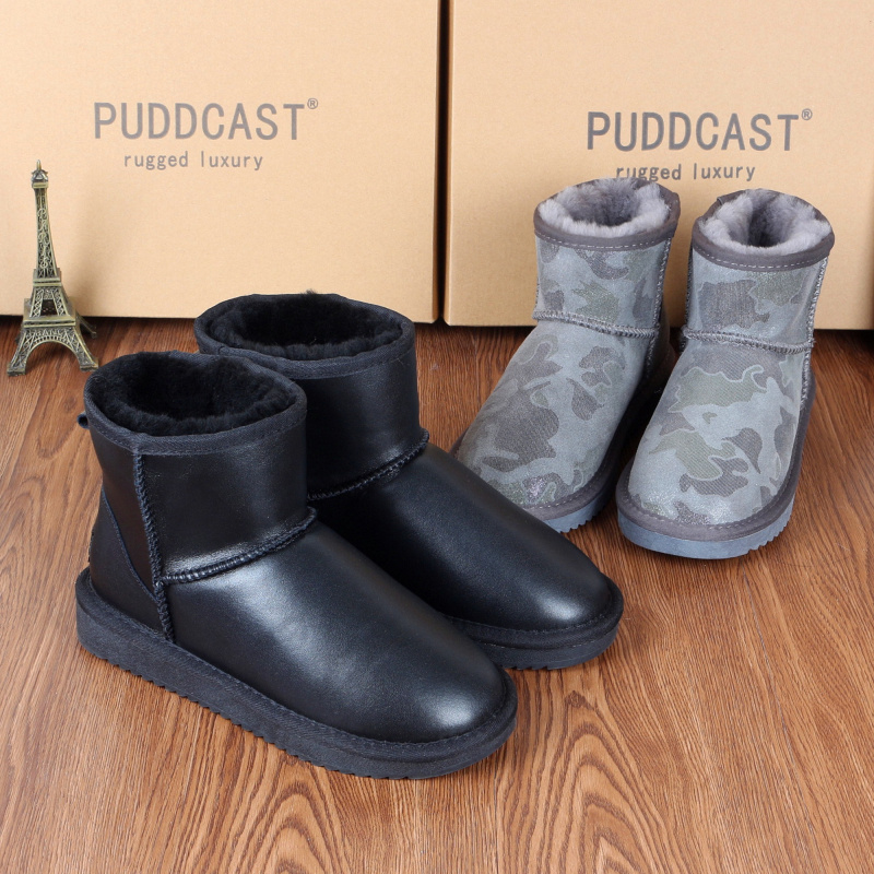 Winter cow skin boots male fur one short cylinder warm plus wool low-gang waterproof lady cotton shoes