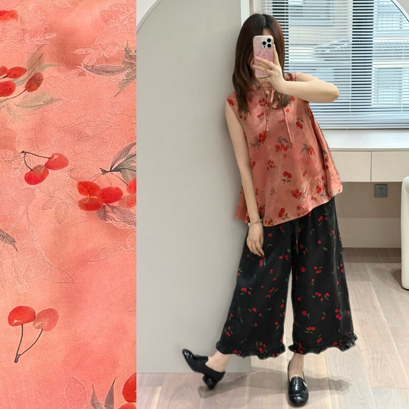 100% Mulberry Silk Red Cloud Gauze Floral Pink Cherry Bow Sleeveless Babydoll Top