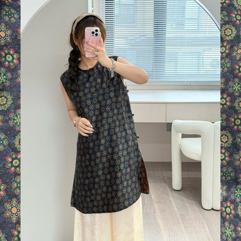 [Clearance] Ao Dai Plus100 Mulberry Silk Red Cloud Gauze Floral Blue Small Floral Pattern Diagonal Collar Blouse